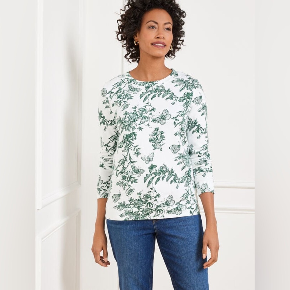 TALBOTS CREWNECK SWEATSHIRT PENCIL BUTTERFLY, Sz Petite NWT WHITE/HERITAGE GREEN